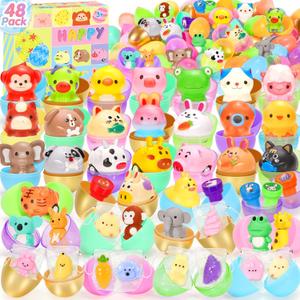 SevenQ Easter Basket Stuffers 48Pcs Prefilled Easter Eggs with Toys Cars Squishy Erasers Stamps for Kids Fidget Toy Plastic Egg Fillers Hunt Pinata Party Favor Bags Classroom Treasure Box Essentials