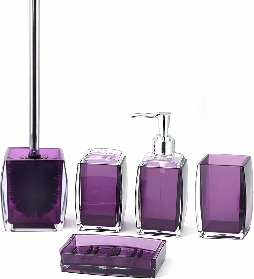 5 Pcs Purple Acrylic Bathroom Accessories Set Complete,Lotion/Soap Dispenser,Soap Dish,Toothbrush Holder, Tumbler,Toilet Brush and Holder,Modern Bathroom Decor and Housewarming Gift Set,Purple