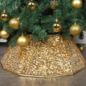 Blissun Christmas Tree Collar, Sequin Christmas Tree Skirt, Foldable Tree Ring, Xmas Tree Stand Base Cover for Christmas Tree Decoration, Bright Gold