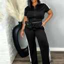 HBQ Women's Two Piece Tracksuit Set Short Sleeve Zip Up Polo Top Side Stripe Flare Pants with Pocket Athletic Casual Outfit XL