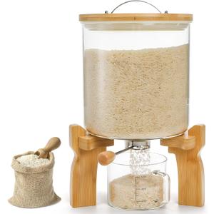Goaste Glass Rice Dispenser with Bamboo Stand, 5L Flour Cereal Container with Airtight Lid, 8 Lbs Large Grain Food Storage Bucket, Countertop Beans Storage Tank with Measuring Cup & Valve for Dry Food