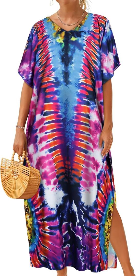 CHICGAL Kaftan Dresses for Women Oversized Long Batwing Sleeve Caftan V Neck Beach Cover Ups Summer Maxi Dress (Purple Aperture, One Size)