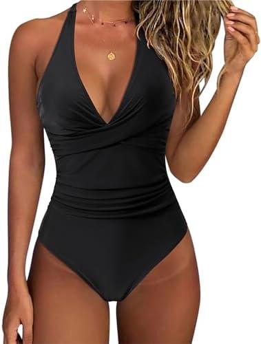 SUUKSESS Women Sexy Tummy Control One Piece Swimsuits Halter Push Up Bathing Suits XL