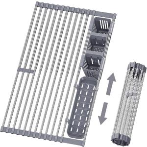 Expandable Roll Up Dish Drying Rack, 304 Stainless Steel Over The Sink Dish Drainer Rack, Foldable Rollable Kitchen Sink Rack with 2 Removable Utensil Holder 12.59-12.59 to 23.22