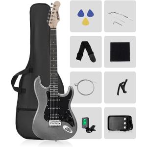 RST-150 39" Beginner Electric Guitar Kit with Amp & HSS Pickups | Complete Starter Set for Newcomers w/Essentials | Gig Bag, Extra Strings, Digital Tuner, Capo, Strap | Home Practice (Black)