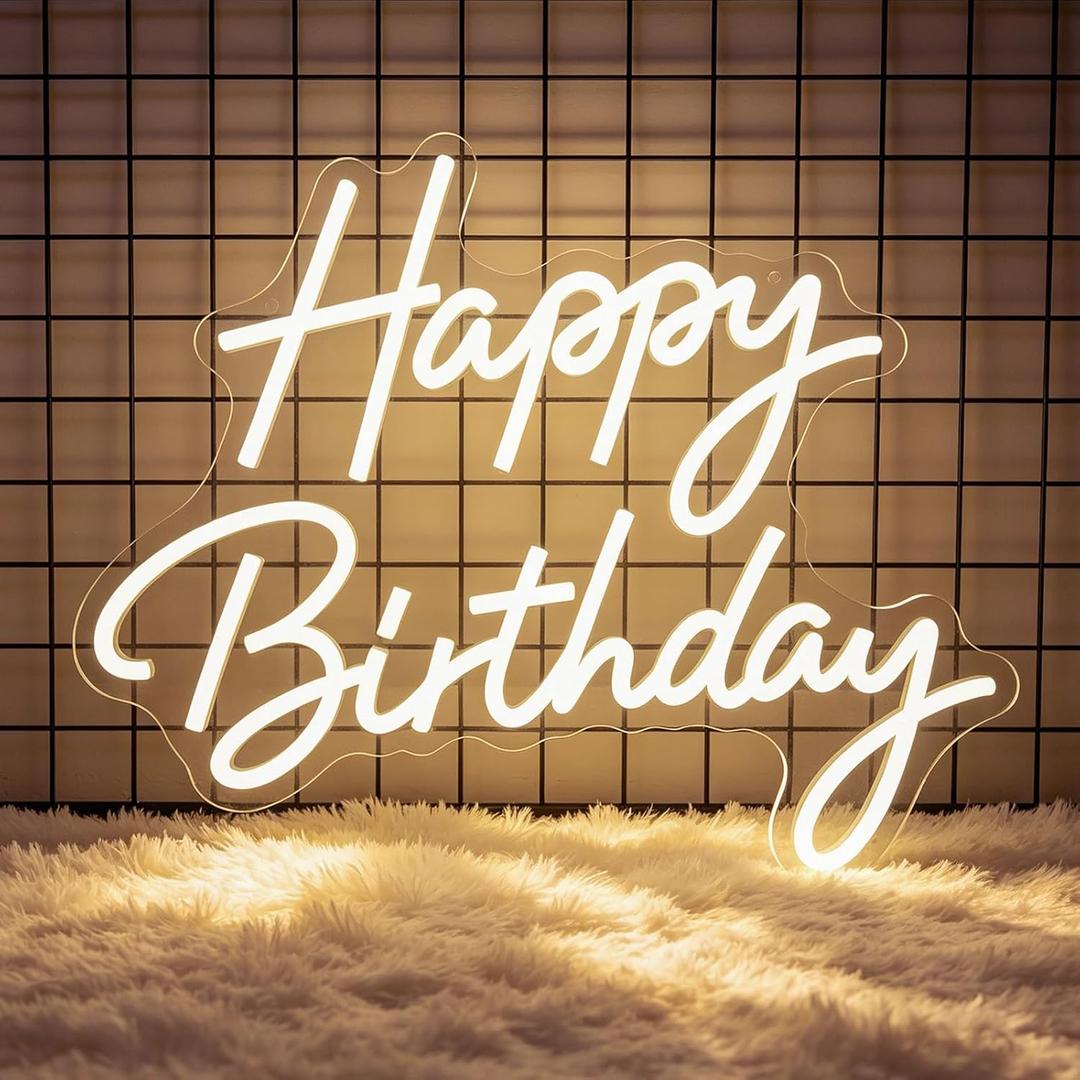 Happy Birthday Neon Sign for Backdrop, LED Dimmable Happy Birthday Light Up Sign, Happy Birthday Sign for All Ages Birthday Party Decorations, Wall Decor Gifts, Warm White