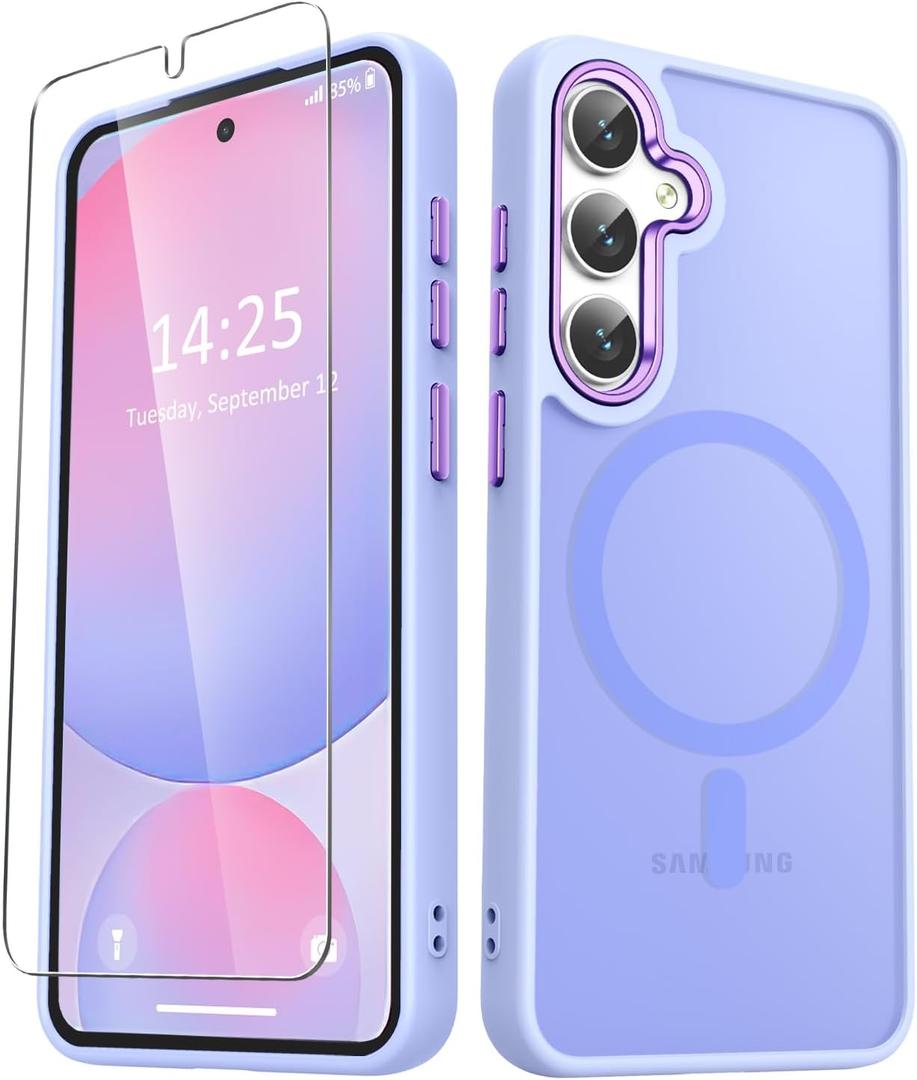 for Samsung Galaxy S25+ Plus Case, Matte Magnetic Phone Case with 1 Screen Protector, Support for Magsafe, Translucent Frosted Shockproof Protective Cover for Samsung Galaxy S25+ Plus, Purple