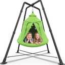 Tent Swing Set for Kids, Hammock Chair with X-Shaped Stand, 330 lbs | 32mm Steel Frame, 900D Oxford Fabric, with LED Lights, Indoor Outdoor Use, Green