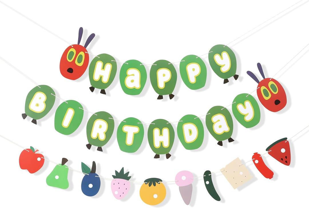 Hungry Caterpillar Happy Birthday Banner - Caterpillar Themed Birthday Party Decorations,Hungry Caterpillar Birthday Fruit Garland,Cake Smash Party Decor. Photo Props