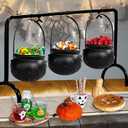 Halloween Cauldrons Serving Bowl Decor,Set of 3 Hanging Black Plastic Cauldron Bowls on Rack,Candy Punch Bowl Halloween Witches Cauldron for Home Kitchen Hocus Pocus Party Decorations Indoor
