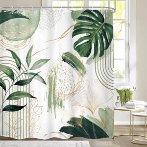 Sage Green Boho Shower Curtain Mid Century Modern Abstract Tropical Palm Leaves Minimalist Gold Olive Geometric Plant 72Wx72H Bathroom Decor Bath Curtain Liner Fabric Polyester 12 Pack Hooks