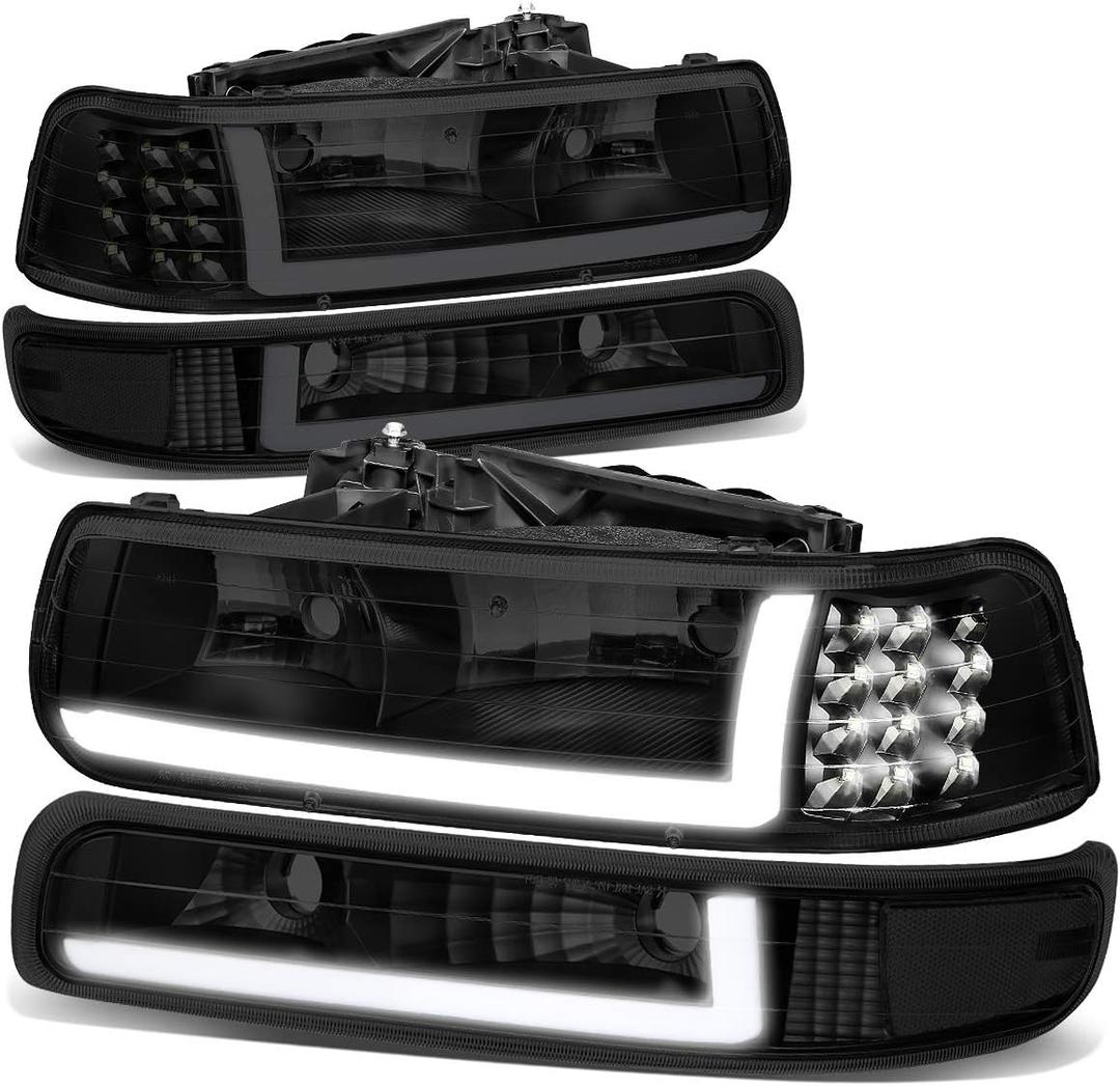 Auto Dynasty 4PCS LED DRL Headlights Assembly and Bumper Lamps Compatible with Chevy Silverado Suburban 1500 2500 3500 Tahoe 99-06, Driver and Passenger Side, Smoked Lens Clear Corner