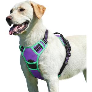 Eagloo Dog Harness for Large Dogs, No Pull Service Vest with Reflective Strips and Control Handle, Adjustable and Comfortable for Walking, No Choke Pet Harness with 2 Metal Rings, Purple & Green, L