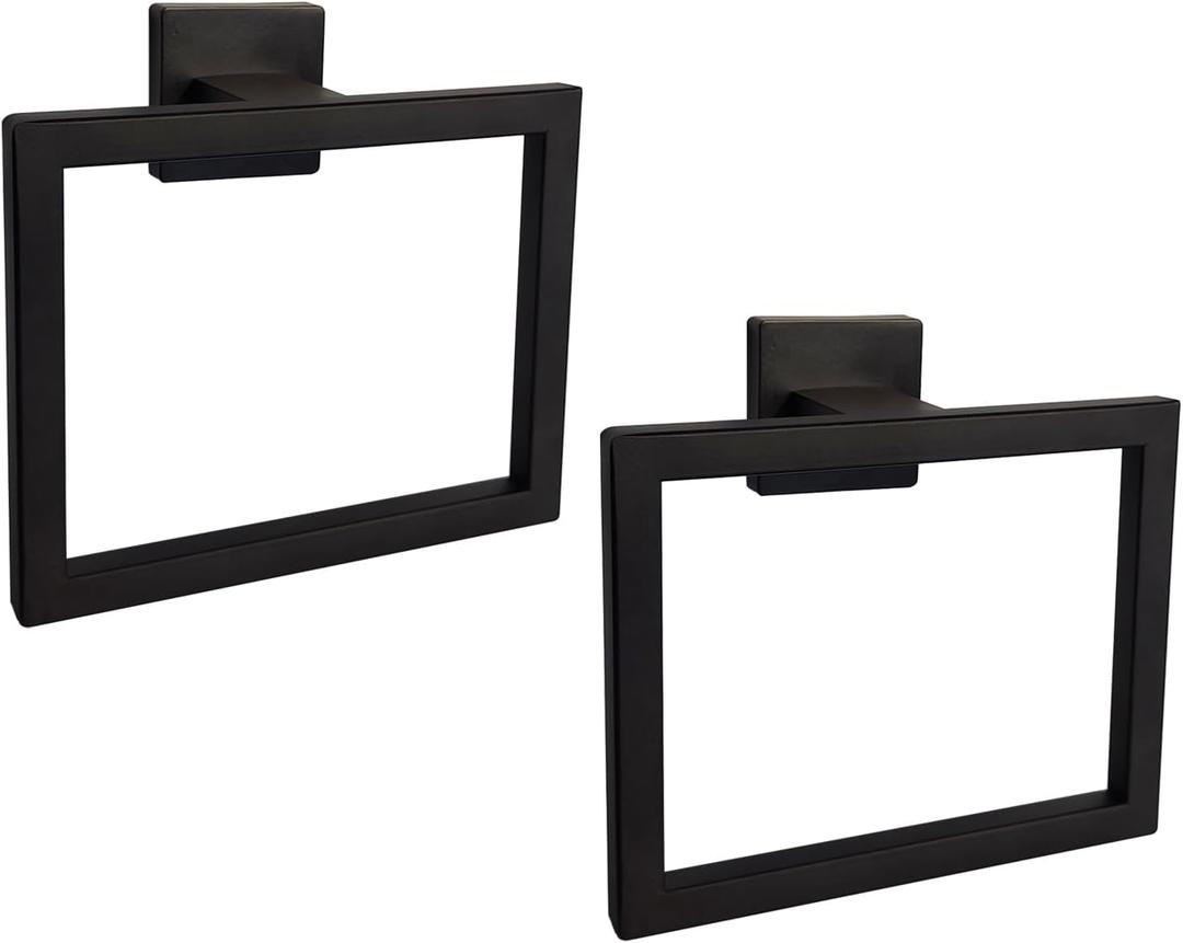 2 Pcs Square Towel Rings Black Hand Towel Holder Wall Mounted Hand Towel Rack Stainless Steel Kitchen Towel Holder Hand Towel Bar Bathroom Accessories for Towel Storage (Matte Black)