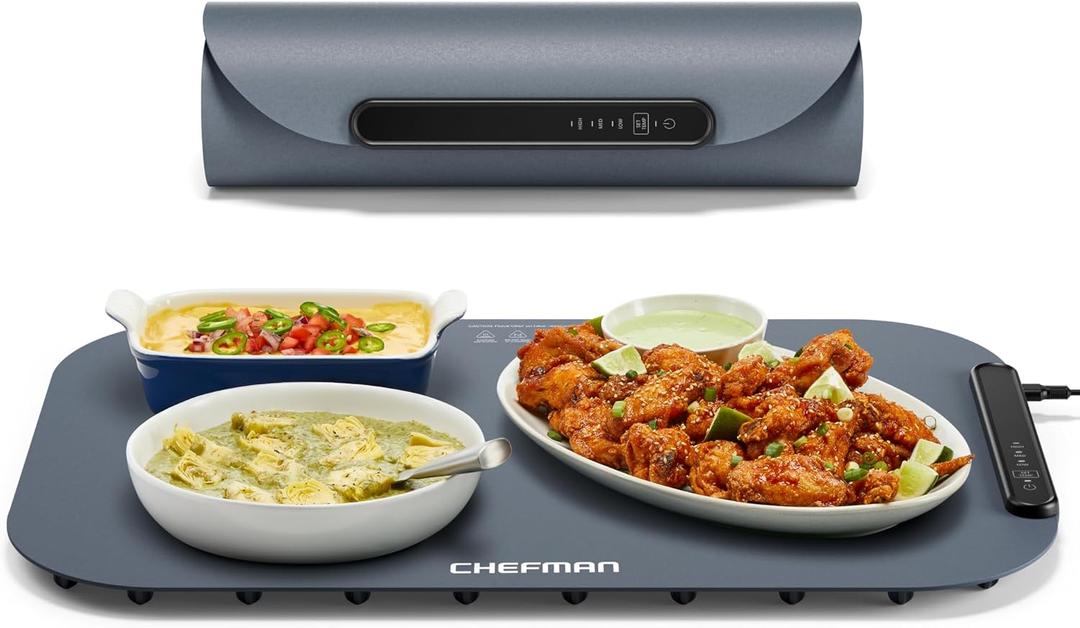 Chefman Roll n Go Food Warming Mat, Electric Warming Tray for Buffets, Parties, Holidays, 3 Temperature Settings, Easy-Clean Silicone Mat, Roll Up Food Warmers w/Storage Bag - Grey