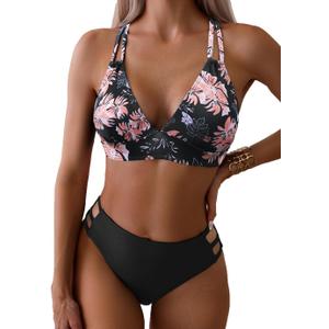 Fanuerg Women's Sexy V Neck Bikini Sets Hollow Out Two Piece Swimsuits Cutout Mid Waist Bathing Suit (Black Floral), S