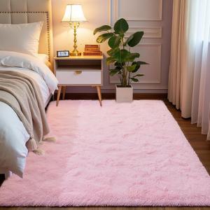 Softlife Light Pink Area Rug for Bedroom, Fluffy Shag Plush Rugs for Living Room Girls, Shaggy Throw Soft Fuzzy Small Kids Carpet for Dorm Bedside Ultra Cozy Non-Slip Indoor Decor, 4x5.3 Feet