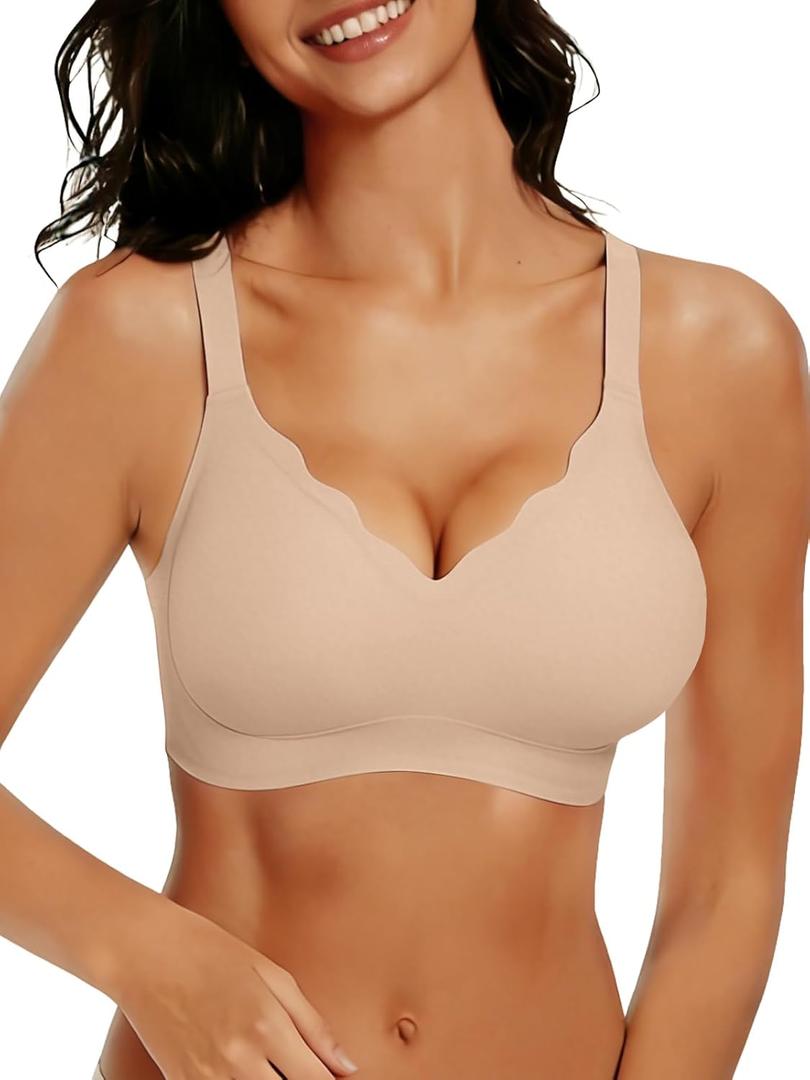 COCOMARTS Jelly Bras for Women No Underwire Seamless Push Up Scalloped Tshirt Bralettes Comfortable Wireless Everyday Bra (X-Large, Nude)