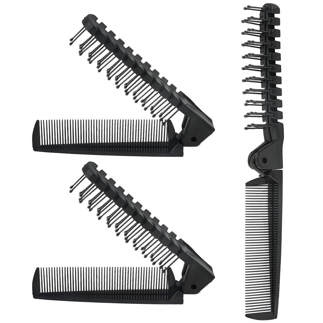 3PCS Travel Foldable Brush, Anti-Static Hair Comb and Double Headed Hairdressing Tool for Men & Women (Black)