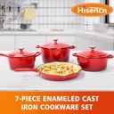 Hisencn Enameled Cast Iron Cookware Set - 7 Piece Dutch Ovens Set, Sauce Pan, Skillet, 3 Lids, Pots and Pans Set, Ceramic Coated Cast Iron, Heavy Duty, Gas/Induction Compatible, PFA Free, Rouge Red, Variety Pack