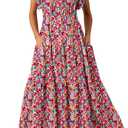 BLENCOT Women's Summer Casual Boho Flowy Maxi Dress Floral Print Tie V Neck Ruffle Short Sleeve Beach Party Dresses with Pockets P620 M