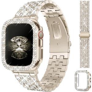JR.DM Diamond Bands with Bling Case Women Compatible with Apple Watch 40mm 38mm 41mm 44mm 45mm 42mm 46mm 49mm Luxury Metal Bracelet Replacement Strap for iWatch Series 11/10/9/8/7/6/5/4 SE/Ultra 3/2/1