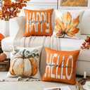 2 x Artscope Fall Decorative Throw Pillow Covers 18x18 Inch Set of 4, Hello Happy Autumn Pumpkin Maple Leaves Harvest Outdoor Farmhouse Pillow Cases for Home Sofa Couch-Orange A