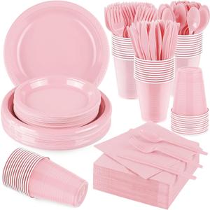 Aodaer 400 Pieces Pink Party Supplies Disposable Dinnerware Set Include Plastic Plates Cups Knives Forks Spoons Paper Napkins for Birthday Wedding Graduation Parties, Serve 50 Guests