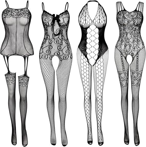 Pack of 4 Women's Lace Stockings Lingerie Floral Fishnet Bodysuits Lingerie Nightwear for Romantic Date Wearing 