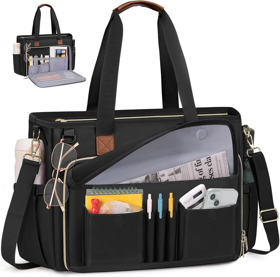RAINSMORE Teacher Tote Bag 15.6 inch Laptop Bag for Women Work Bags Nurse Bag Lightweight Laptop Tote Computer Briefcase (Black)