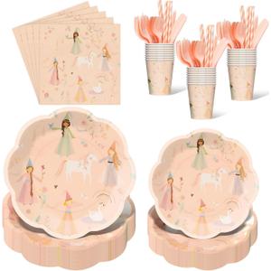 Yungyan 170 Pcs Princess Party Supplies Kit Pink Fairytale Disposable Tableware Set Include Plate Cup Utensil Napkin for Princess Birthday Party Baby Shower Decoration, Serve 24 Guests