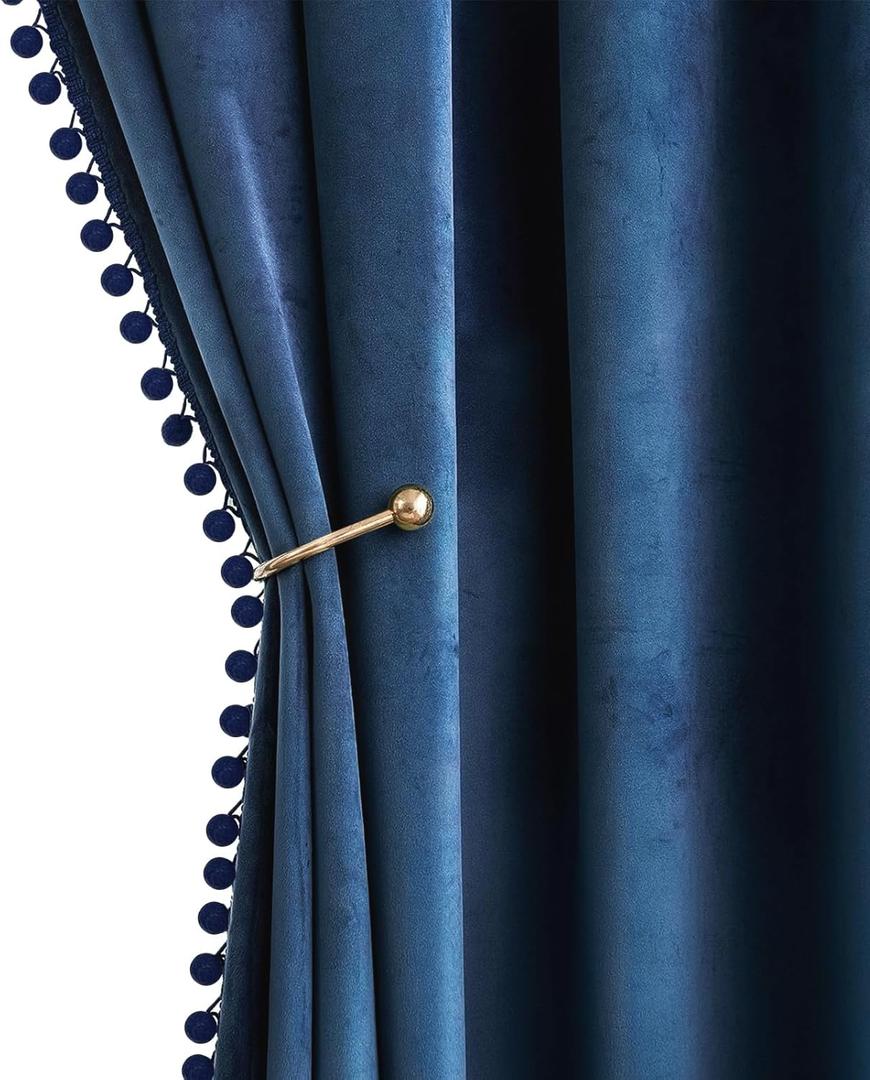 MIULEE Navy Blue Pom Pom Velvet Curtains for Bedroom/Living Room Darkening Thermal Insulating 84 Inches Long Blackout Curtains with Rod Pocket for Girls Room/Nursery/Home Theater Set of 2