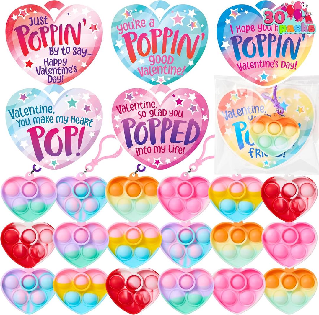 JOYIN 30 Packs Valentines Day Gifts for Kids, Pop Bubble Keychain with Heart Valentines Day Cards for Kid School Classroom Exchange Prize, Stress Relief Fidget Toy for Girl Boy Valentine Party Favor