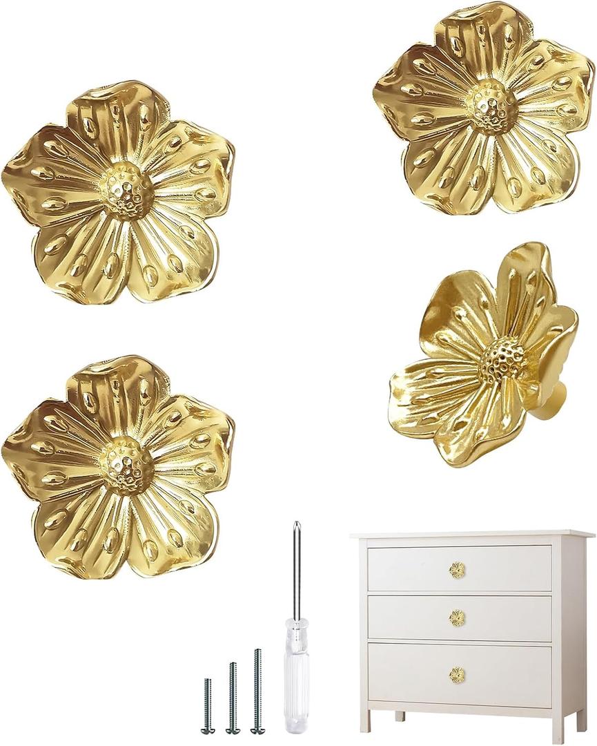 Gold Dresser knobs, Flower Knobs for Dresser Drawer, Brass Floral Cabinet Knob, Decorative Vintage Pulls and Knobs 4 Pack, Kitchen Cupboard Bathroom Cabinet Hardware Handles