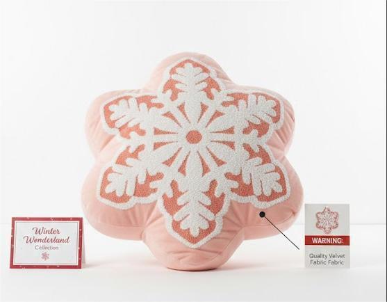 Phantoscope Merry Christmas Snowflake Shaped Throw Pillow, Velvet Xmas Embroidered Snowflake Pillow Decorative Christmas Cushion Pillow for Couch Living Room Bed, Pink, 16 x 16 inches