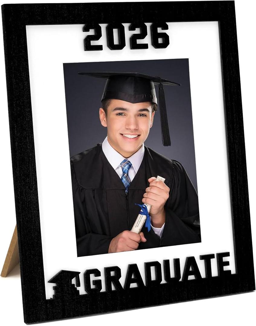 2026 Graduation Photo Frame, Laser Engraved Wood Keepsake for Class of 2026, 8x10 & 5x7 Double Opening with White Mat, Senior Graduation Gift & Party Decoration, Black Portrait