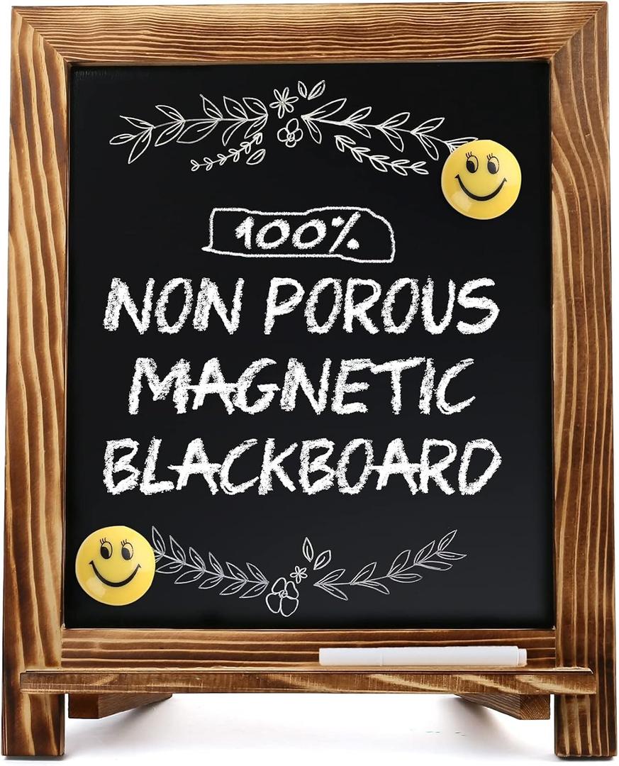 LotFancy 15"x12" Magnetic Chalk Board Sign, Small Wood Framed Tabletop Black Easel Chalkboard, Foldable Standing Ledge,1 White Chalk Pen 2 Magnets and Wall Hanging Kits Included,Rustic Brown