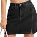 AIMILIA Women's Denim Mini Skirt Side Slit Sexy A-Line Mid Waist Short Stretchy Jean Skirts with Pockets Casual (Black, L)