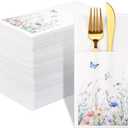50 Pack Floral Napkins with Built-in Flatware Pocket, Guest Disposable Wild Flower Hand Towels Dinner Napkins for Wedding Birthday Party Baby Shower