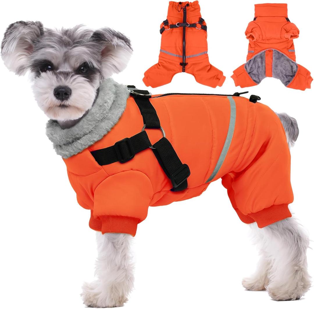 BRKURLEG Small Dog Winter Coat with Harness Built in, Orange Winter Dogs Jackets, Fullbody Dog Coat, Dogs Snowsuits Reflective Windproof Cold Weather Coats, Pet Warm Fleece Coats, M