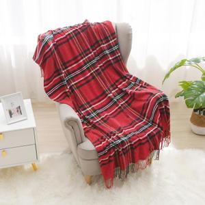 Saukiee Christmas Blanket Plaid Throw Blanket for Couch with Tassels Tartan Chenille Throw Fringe Sofa Bedroom Christmas Blankets and Throw Decor 50 * 60inch (Red)