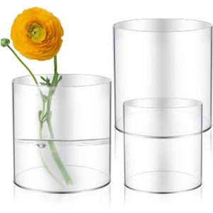 3 Pcs Clear Cylinder Vases Bulk Acrylic Cylinder Round Flower Wide Mouth Vase for Centerpieces 5.9/5.11/3.93in Decorative Vase for Flowers Candle Holder Home Wedding Party Table Decoration