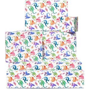 DazzleDaisy 6-Sheet Dragon Gift Wrap Set – Colorful Birthday Wrapping Paper, Matching Tags & Stickers for Boys & Girls, Eco-Friendly Kraft Paper Sheets