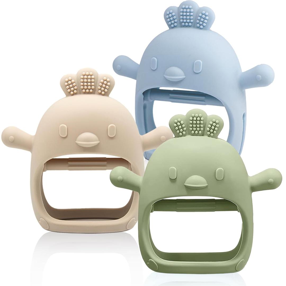 3 Packs Baby Teething Toy Silicone Teething Mitten for Babies Over 3 Months Anti Dropping Wrist Hand Teethers Baby Chew Toys for Sucking Needs, BPA Free (Olive, Caramel & Blue)
