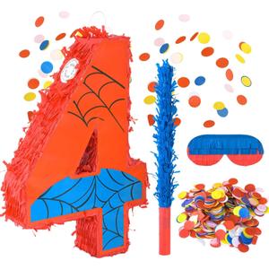 Number 4 Birthday Pinata for Kids, 16 Inch Spider Pinata, Fun Birthday Party Game for Boys and Girls (4th)