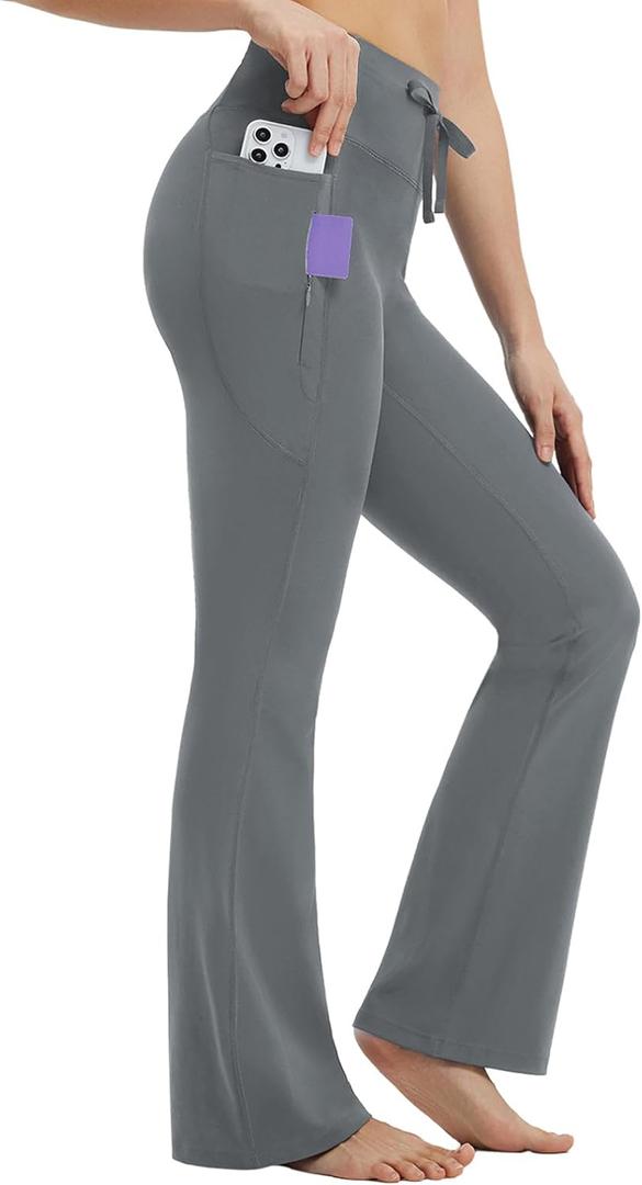 baleaf Womens Flare Leggings with Zipper Pockets Drawstring Flared Yoga Pants Bell Bottom Leggings Tummy Control, XS