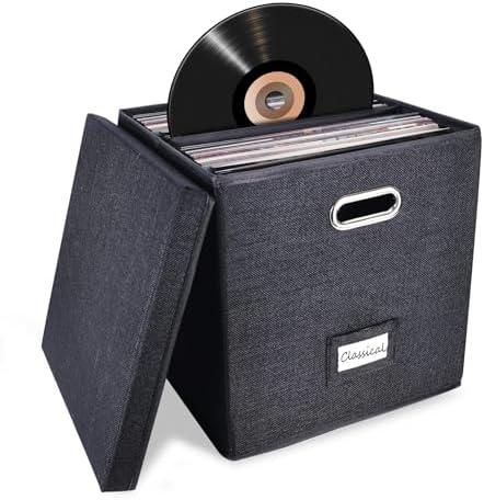 Sturdy Vinyl Record Storage Box - Album Storage Holds up 50+ Single Record | LP Storage Organizer Crate With Lid, Decorative Moving Box For Records, Solutions to Protect Your Precious Collection Black
