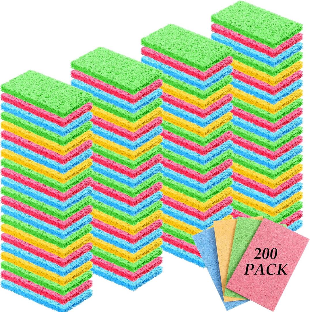 Zhengmy 200 Pieces Sponges Kitchen Compressed Sponges Bulk Natural Dish Sponge Compressed Wood Pulp Cleaning Sponge Without Scratching for Kitchen Bathroom, 3.9 x 2.4 x 0.12 Inch (Multicolor)