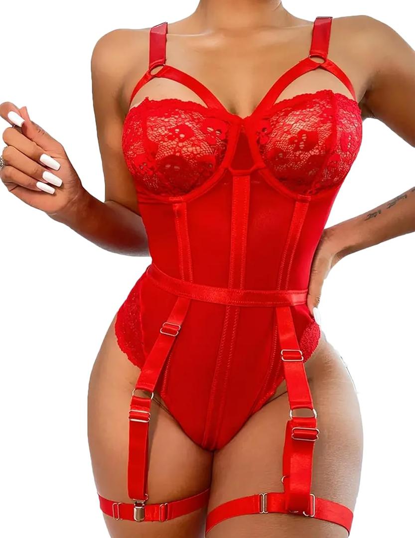Avidlove Lingerie Sets for Women Sexy Lace Skull Corset with Garter Belt One Piece Teddy Bodysuit (1 True Red, XL)