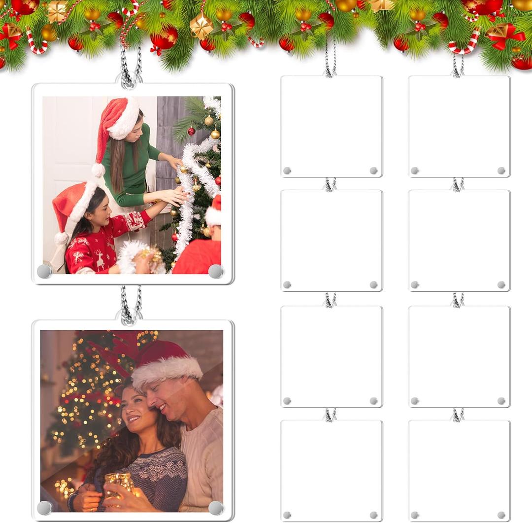 50 Pcs Christmas Hanging Photo Frame Ornaments, Personalized Clear Acrylic Double Sided Mini Christmas Picture Frame Ornaments with Rope for Xmas Tree Decoration (Square)
